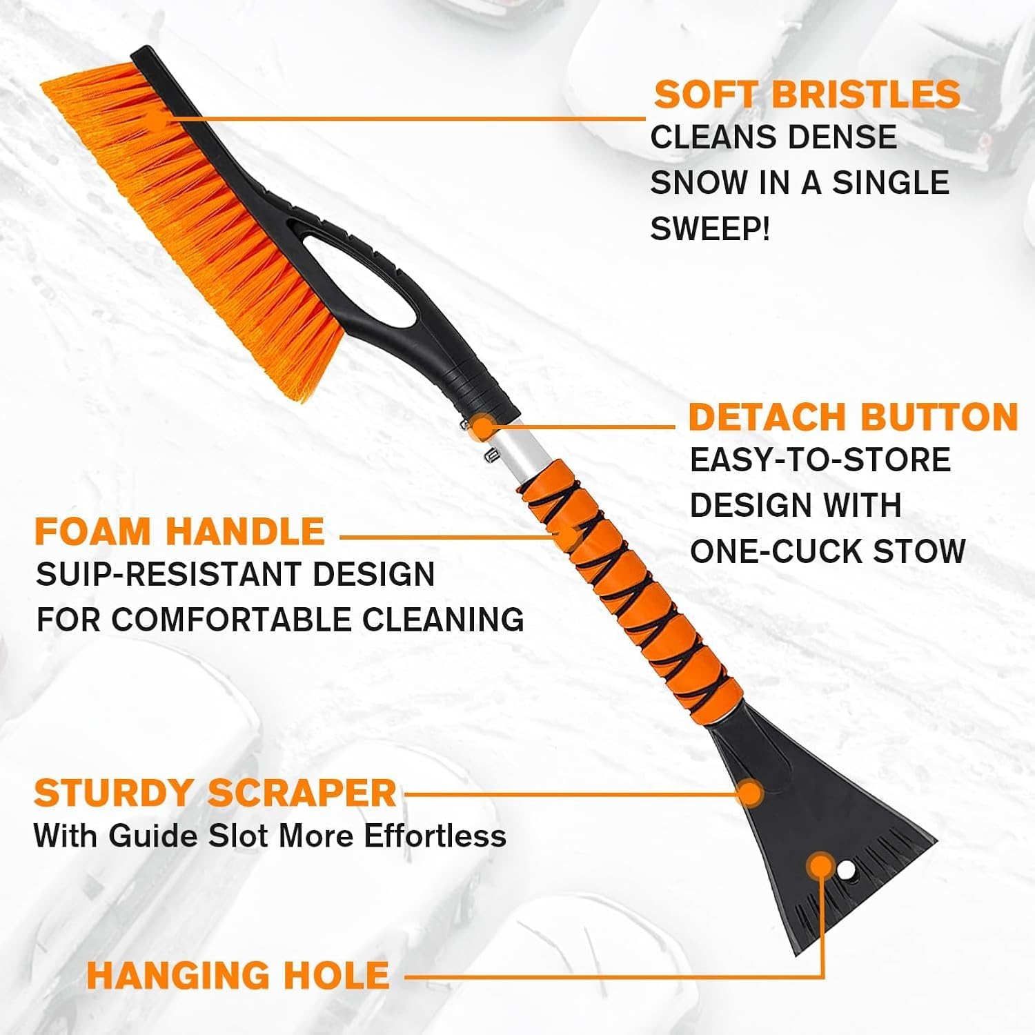 27" Detachable Snow Brush and Ice Scraper - 2-in-1 Car Snow Removal Tool with Ergonomic Foam Grip