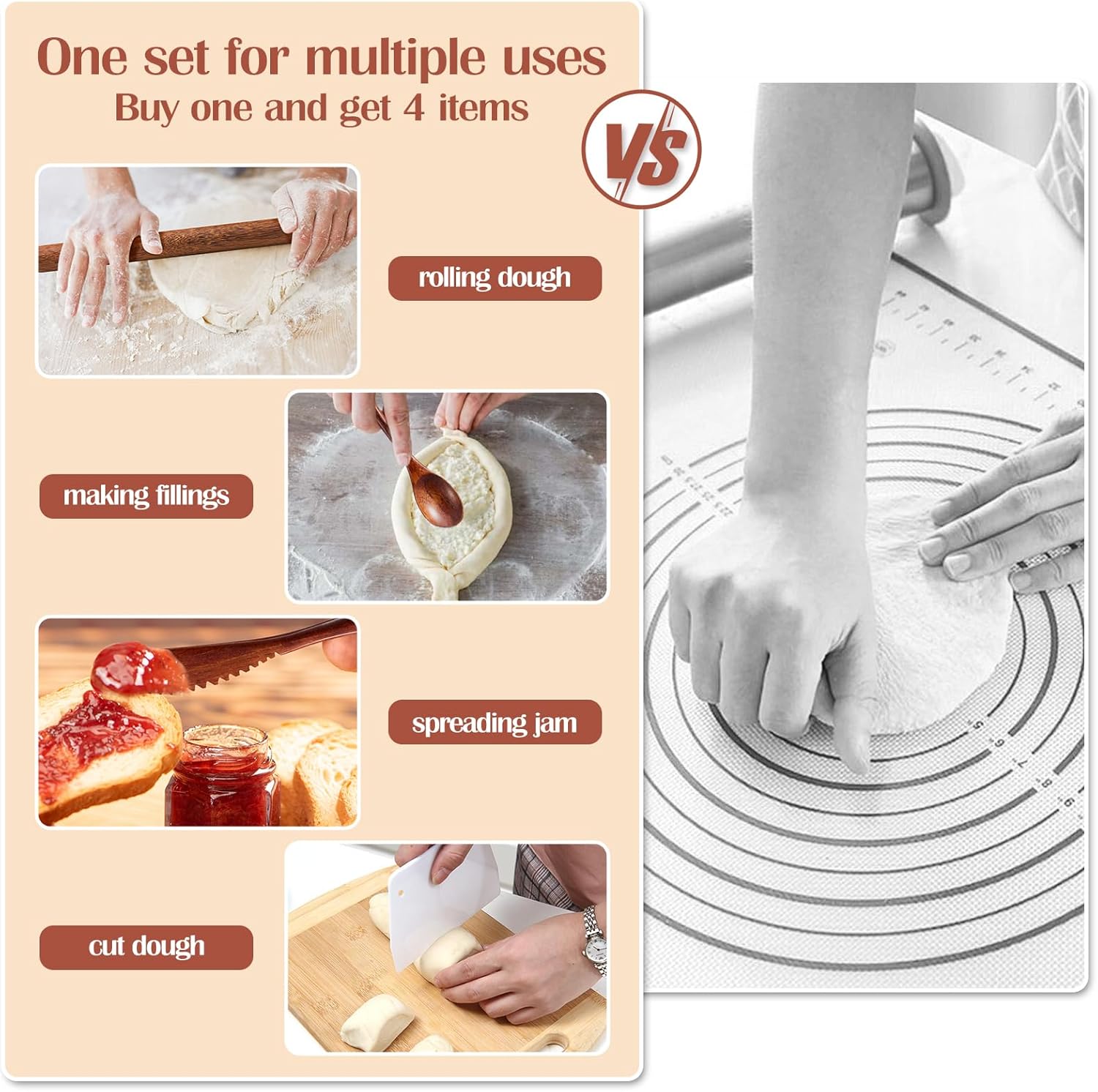 6-Piece Silicone Baking Mat Set with Wooden Rolling Pin, Scraper, and Measurements (28'' x 20'')