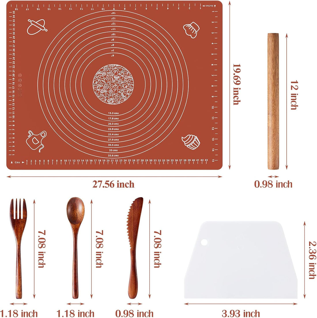 6-Piece Silicone Baking Mat Set with Wooden Rolling Pin, Scraper, and Measurements (28'' x 20'')