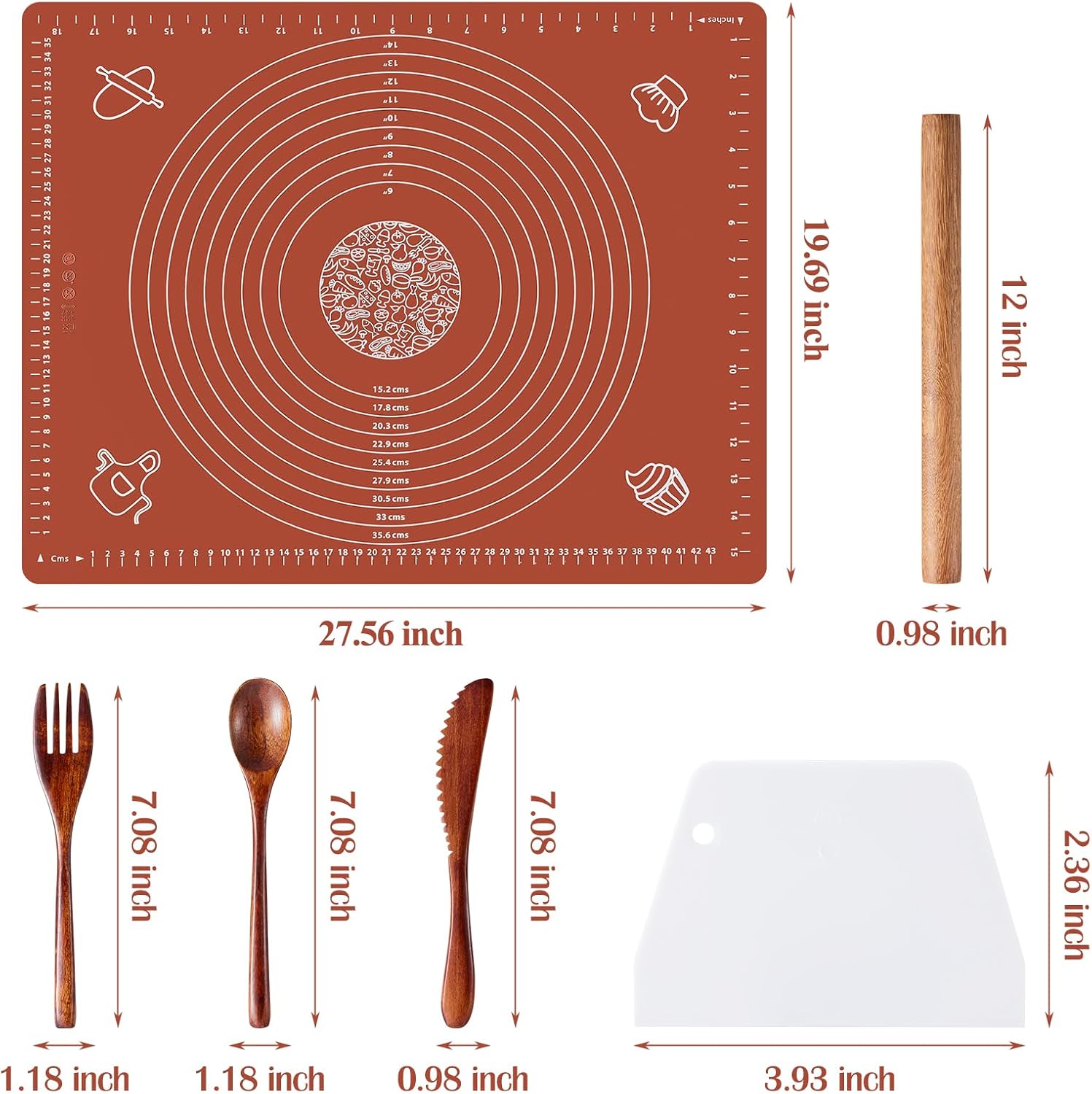 6-Piece Silicone Baking Mat Set with Wooden Rolling Pin, Scraper, and Measurements (28'' x 20'')