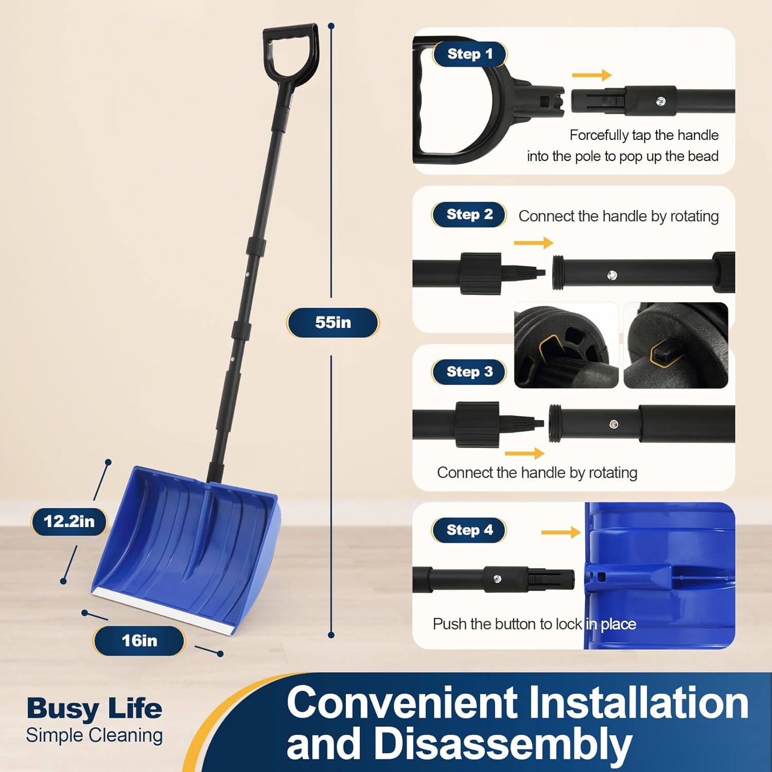 Yocada 55" Snow Shovel for Driveway and Home - Heavy Duty Snow Removal Tool with D-Grip Handle
