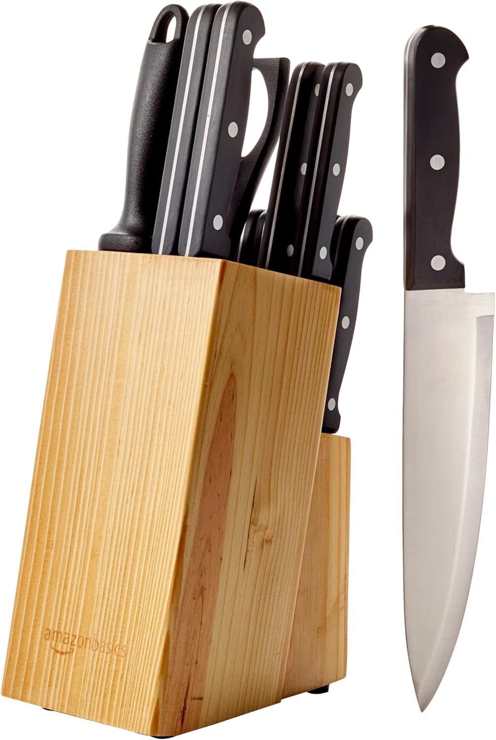 Basics 14-Piece High Carbon Stainless Steel Kitchen Knife Set with Pine Wood Block