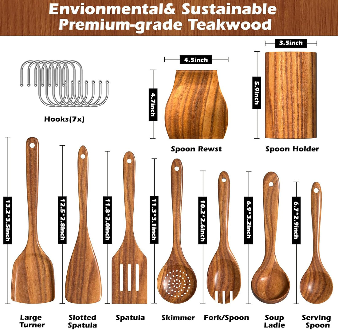 10-Piece Natural Teak Wood Kitchen Cooking Utensil Set with Holder and Spoon Rest