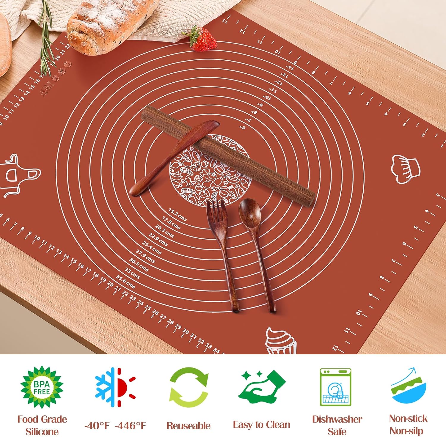 6-Piece Silicone Baking Mat Set with Wooden Rolling Pin, Scraper, and Measurements (28'' x 20'')