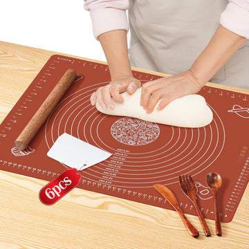 6-Piece Silicone Baking Mat Set with Wooden Rolling Pin, Scraper, and Measurements (28'' x 20'')