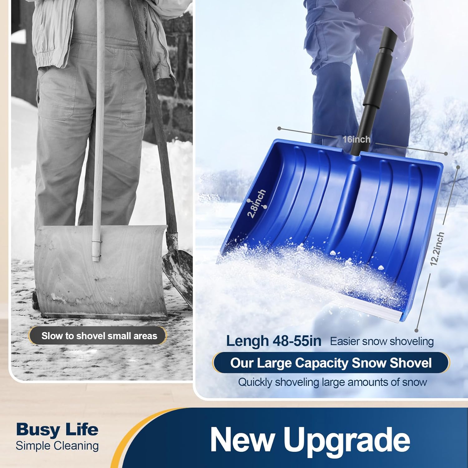 Yocada 55" Snow Shovel for Driveway and Home - Heavy Duty Snow Removal Tool with D-Grip Handle