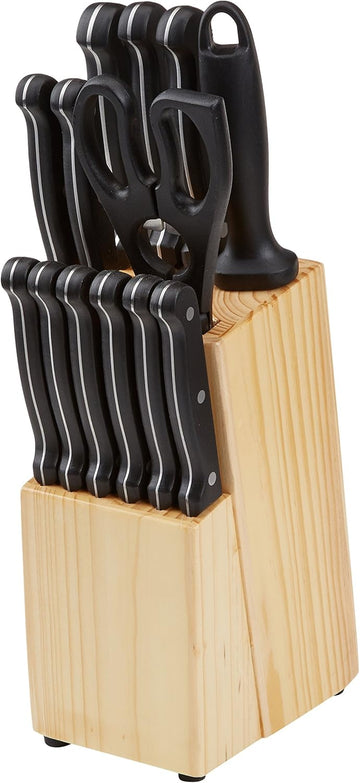 Basics 14-Piece High Carbon Stainless Steel Kitchen Knife Set with Pine Wood Block