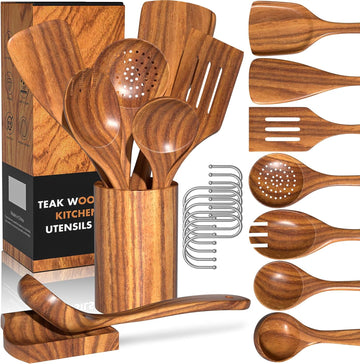 10-Piece Natural Teak Wood Kitchen Cooking Utensil Set with Holder and Spoon Rest