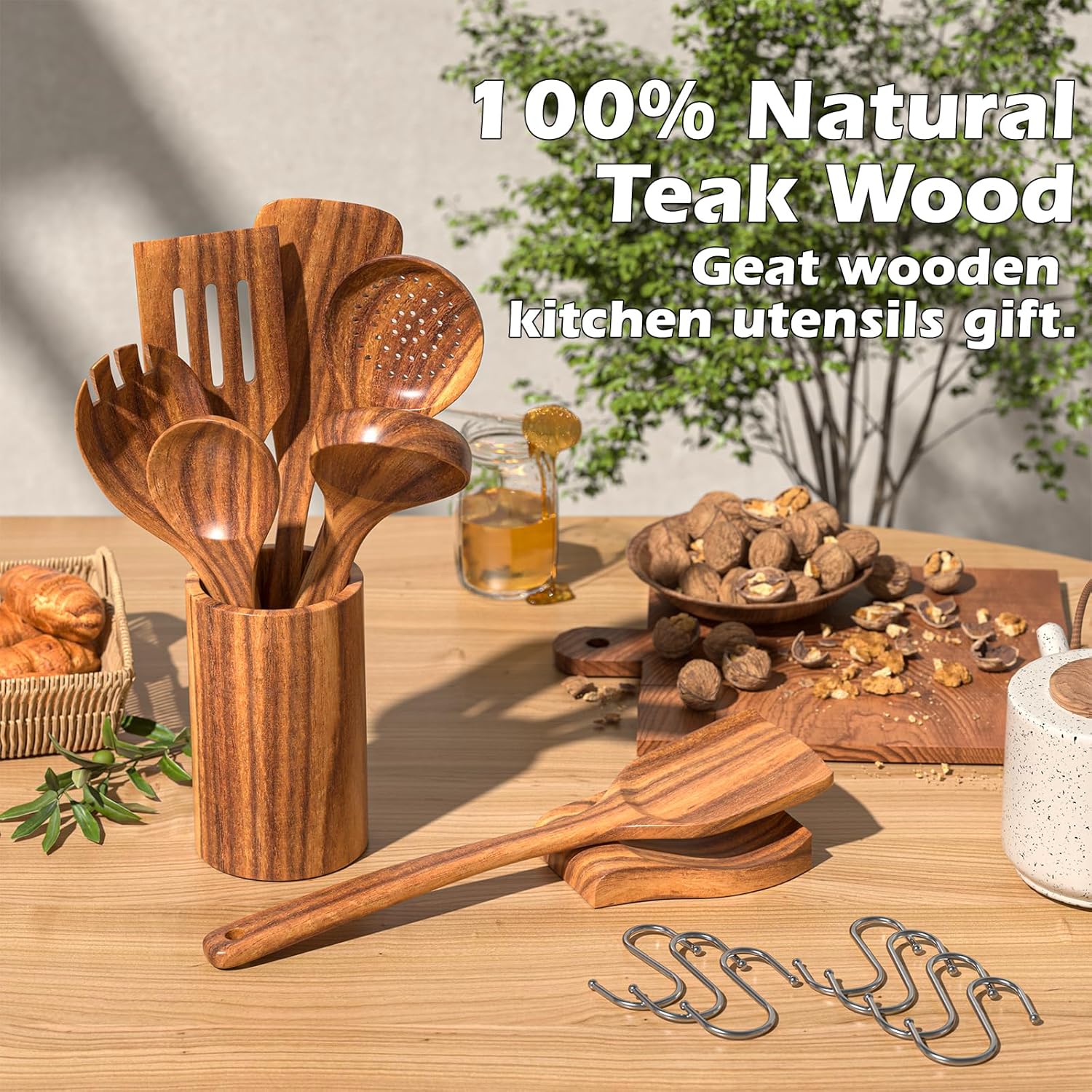 10-Piece Natural Teak Wood Kitchen Cooking Utensil Set with Holder and Spoon Rest