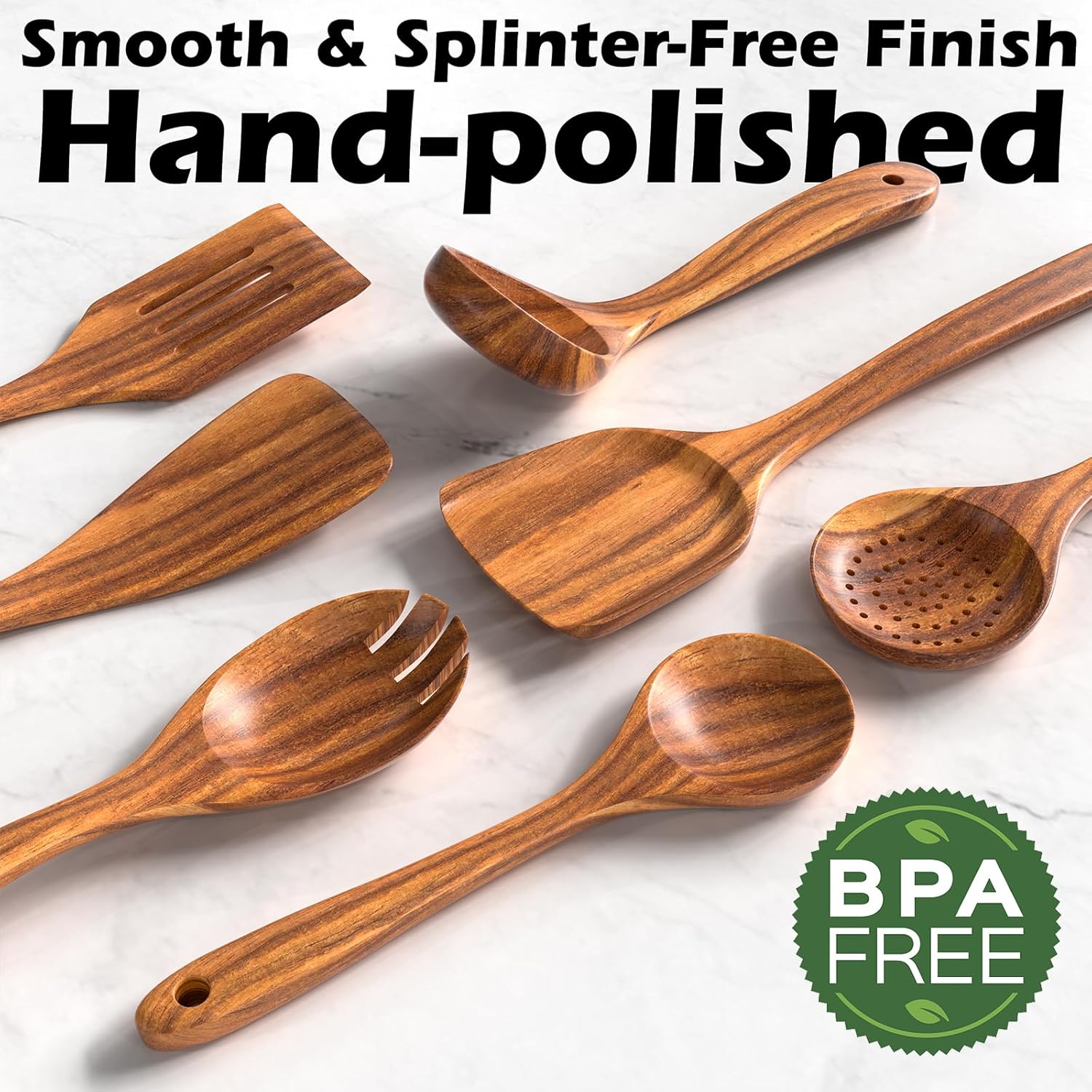 10-Piece Natural Teak Wood Kitchen Cooking Utensil Set with Holder and Spoon Rest